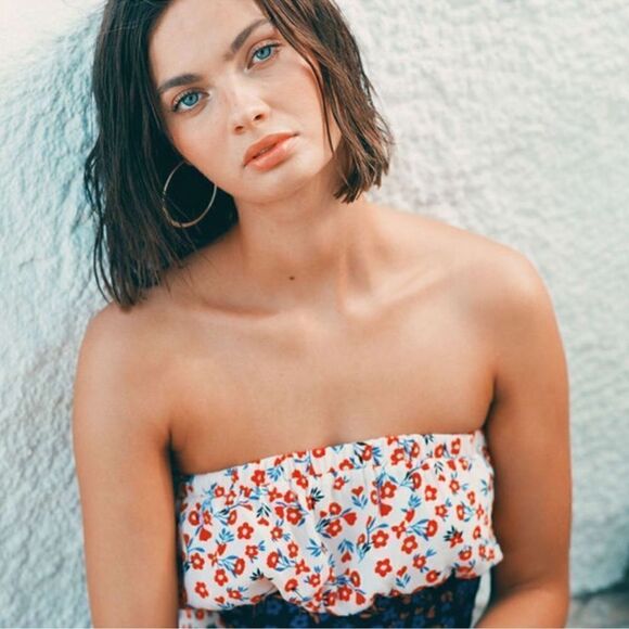 Lulus Golden Hour Blush and Navy Floral Print Strapless Midi Dress - Picture 3 of 12